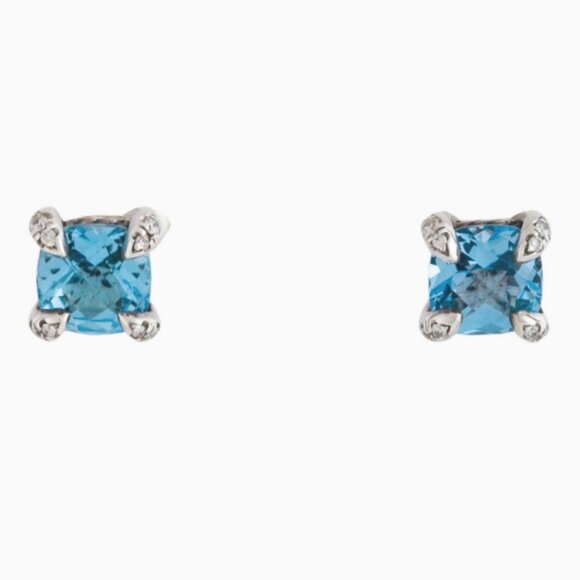 DAVID YURMAN DIAMOND STERLING SILVER & 14K WHITE GOLD TOPAZ STUD EARRINGS - Picture 2 of 7